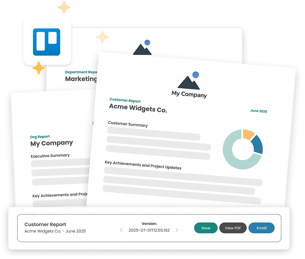 BeSync'd Trello reporting tools dashboard showing automated client and internal reports