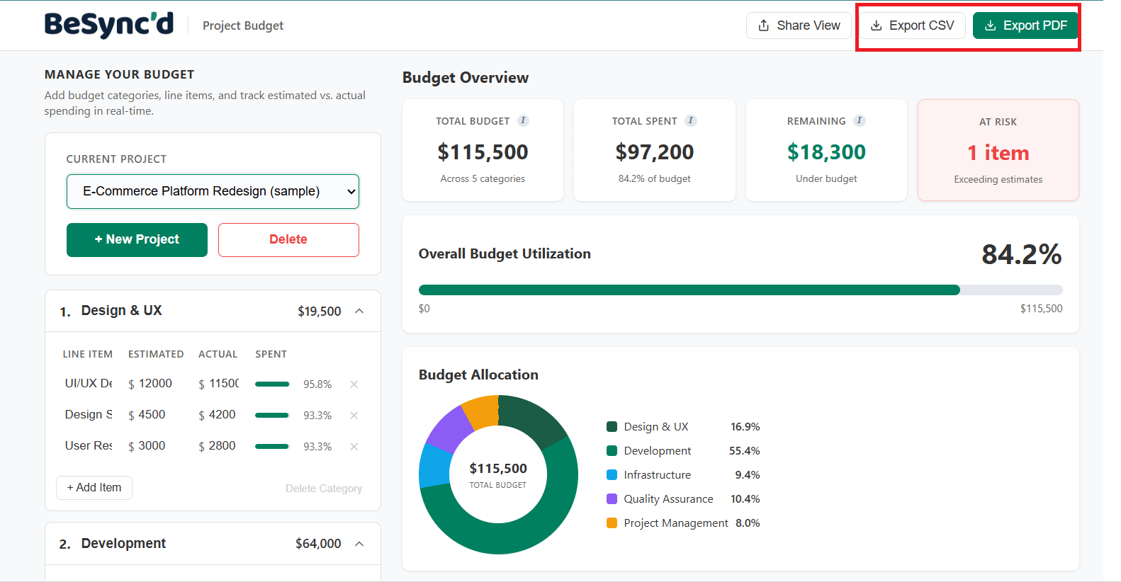 Exporting options in the free project budget tracker.