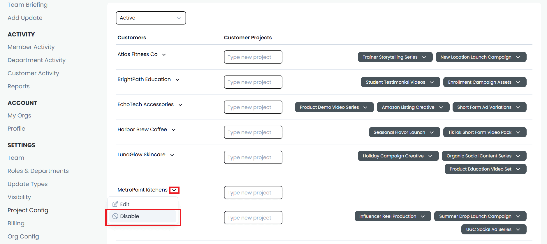 A screenshot showing how to disable inactive customers or projects