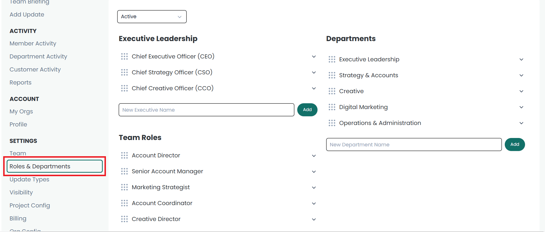 Roles and departments section