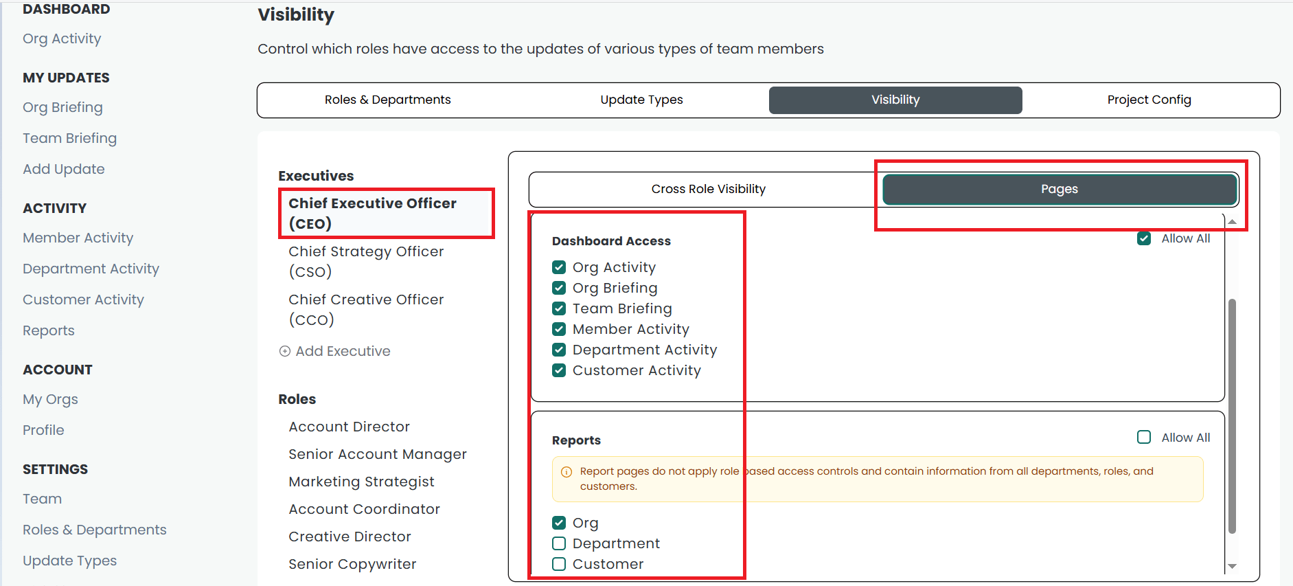 How to configure page visibility on the platform