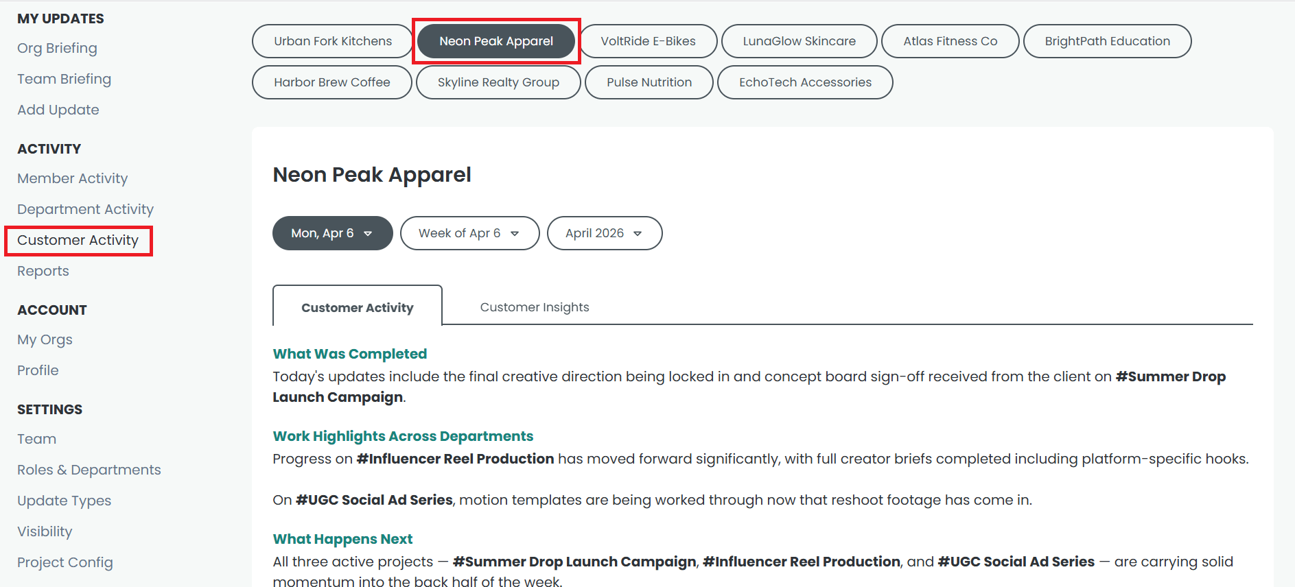 Filter work by Customer on the Customer Activity Page