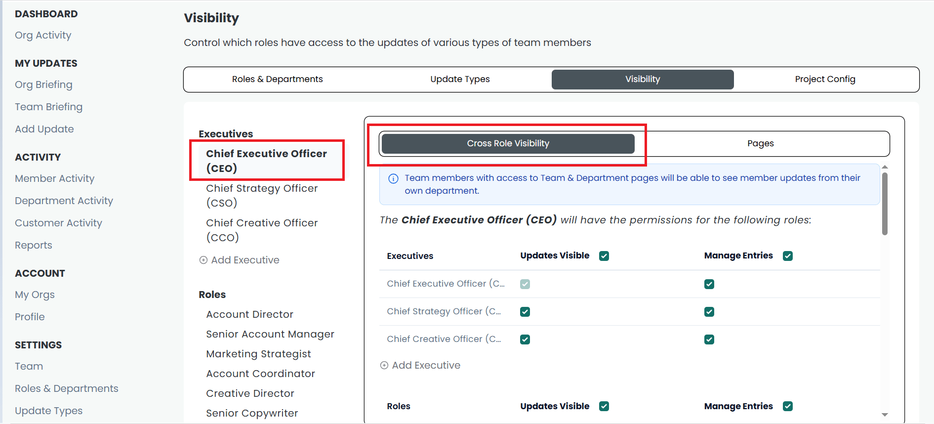 The cross-role visibility tab on the BeSync'd team communication platform