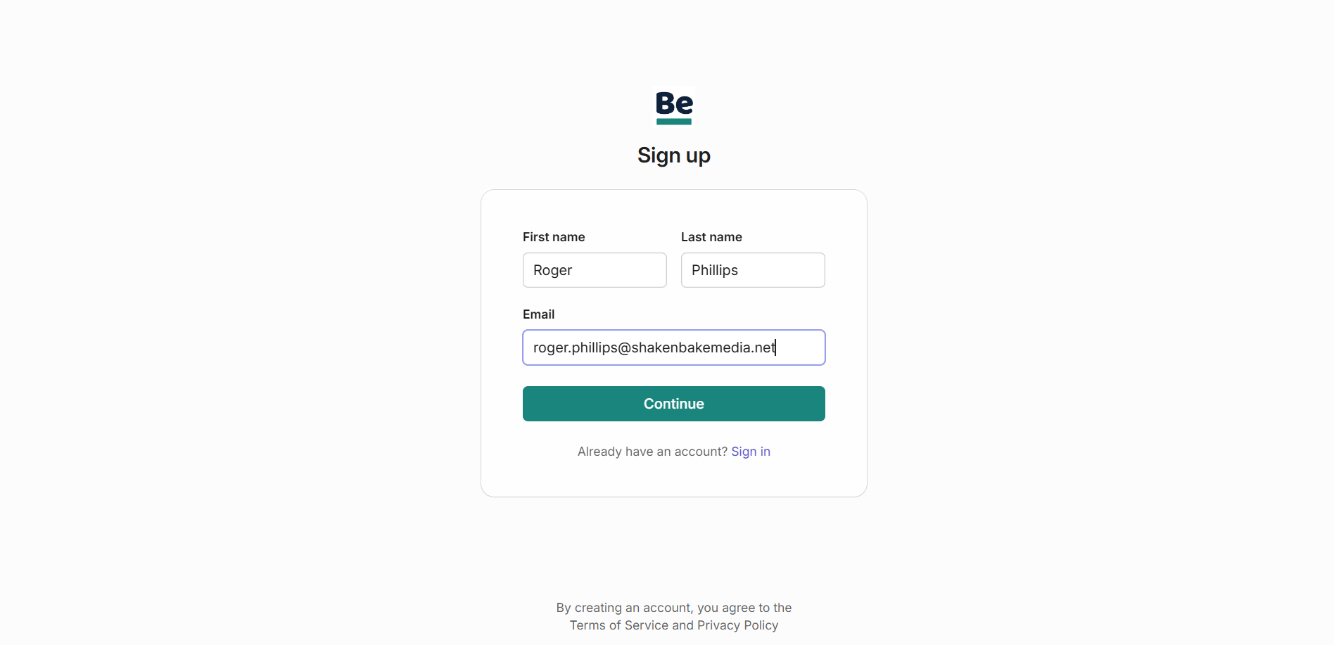 The sign up page