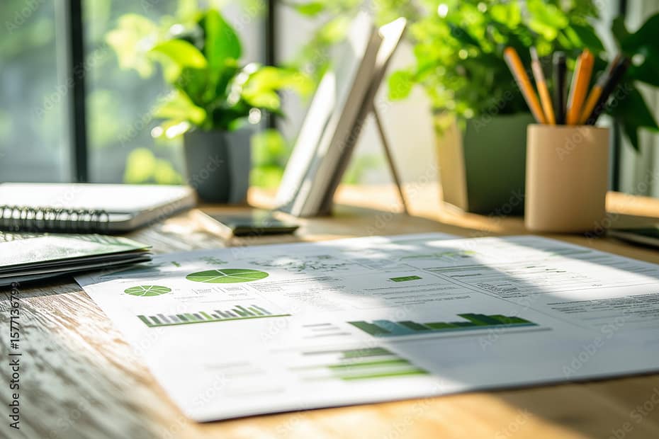 Close-up of a sustainability consultant’s desk with sustainability reports and green building plans, illustrating a job in sustainability consulting.